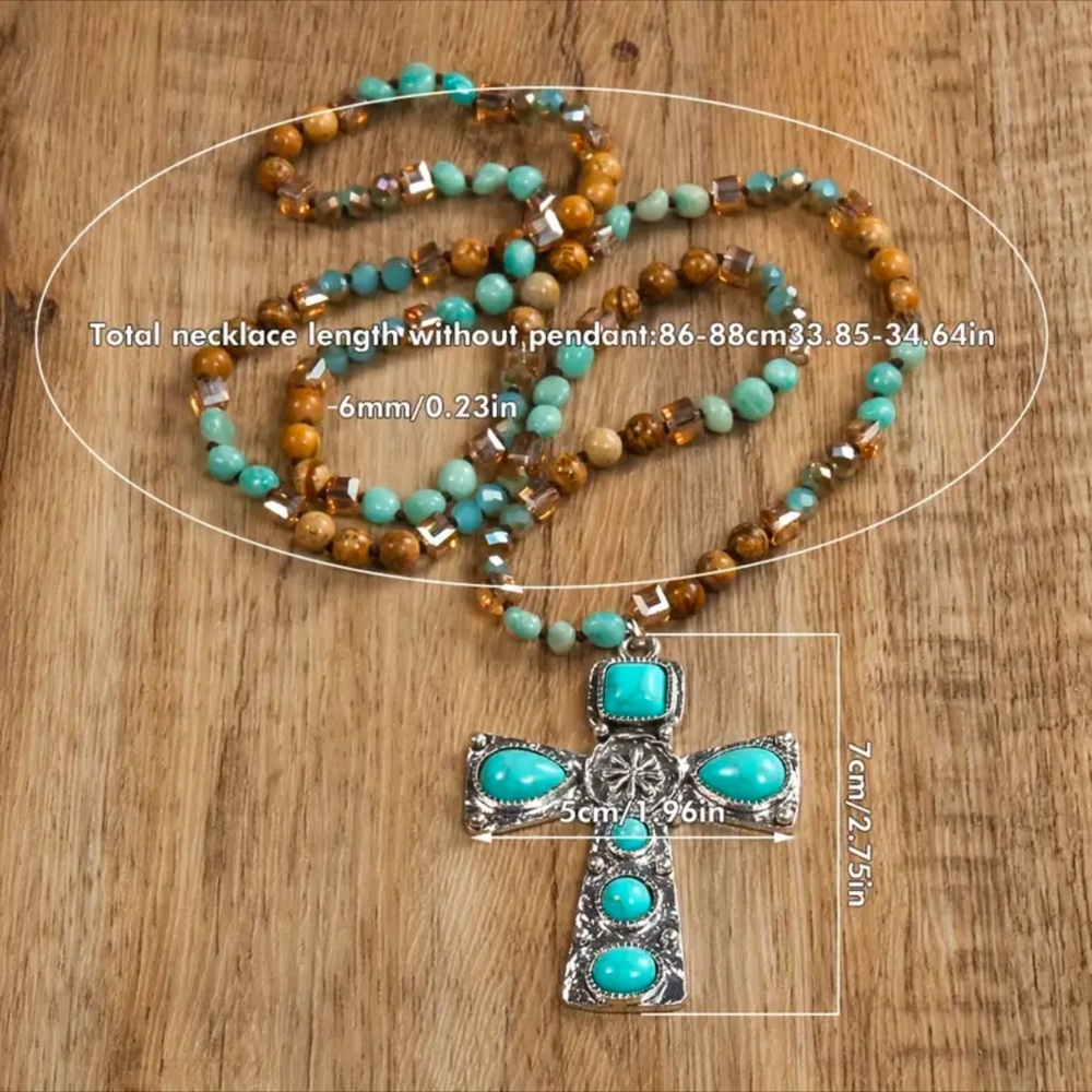 Beautiful Boho Beaded Turquoise & Silver Cross Necklace! - Picture 3 of 7